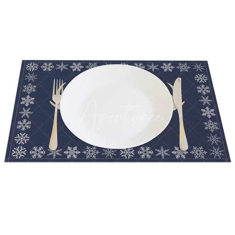 Aperturee - Aperturee Christmas Reindeer Set of 4 Placemats Navy Blue with Antlers Snowflake Border Winter Table Mats
