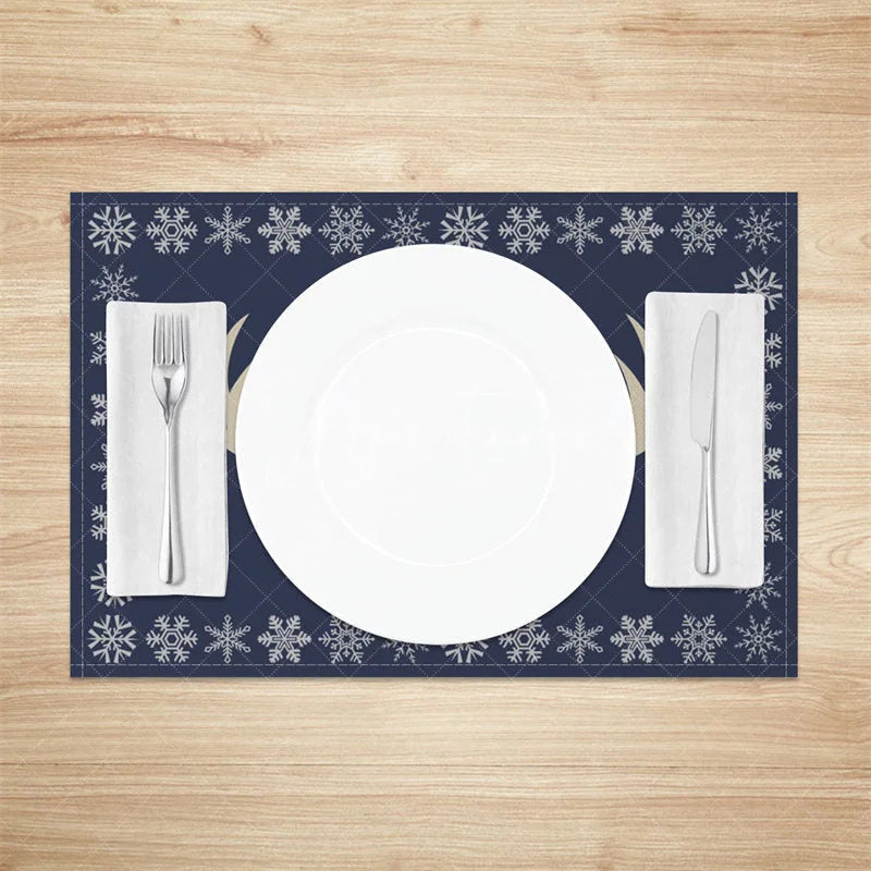 Aperturee - Aperturee Christmas Reindeer Set of 4 Placemats Navy Blue with Antlers Snowflake Border Winter Table Mats
