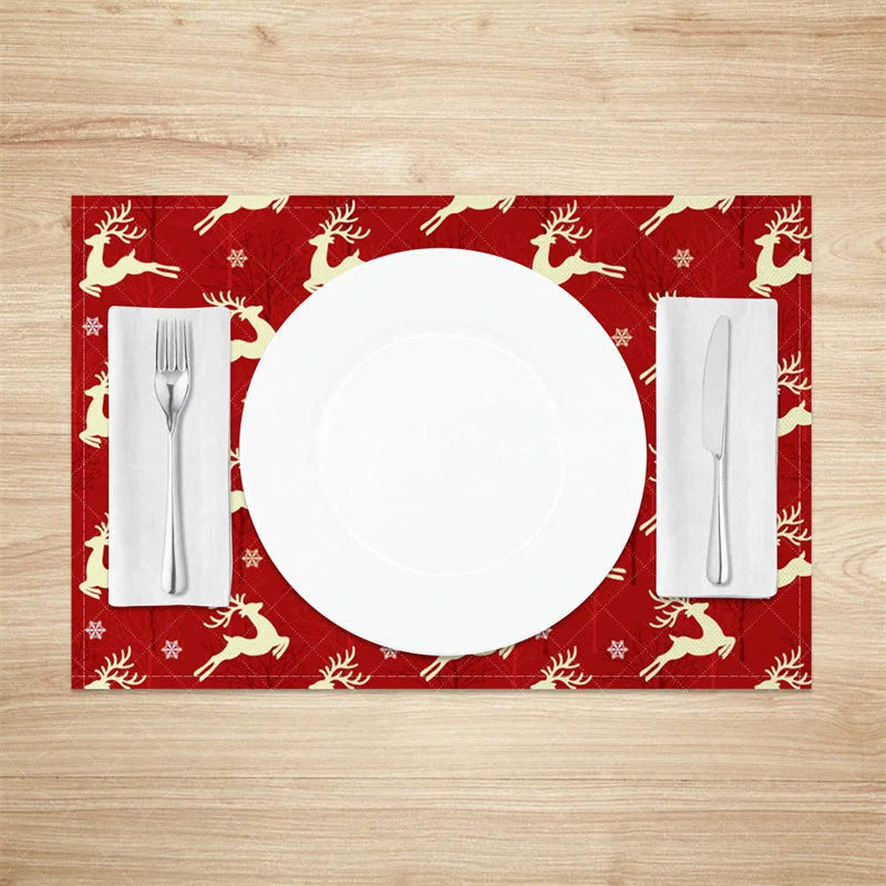 Aperturee - Aperturee Christmas Reindeer Set of 4 Placemats Red with Cream Deer Silhouette Winter Holiday Table Mats
