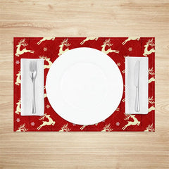 Aperturee - Aperturee Christmas Reindeer Set of 4 Placemats Red with Cream Deer Silhouette Winter Holiday Table Mats