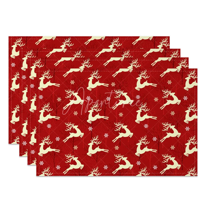Aperturee - Aperturee Christmas Reindeer Set of 4 Placemats Red with Cream Deer Silhouette Winter Holiday Table Mats