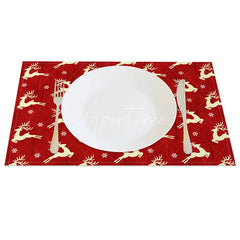 Aperturee - Aperturee Christmas Reindeer Set of 4 Placemats Red with Cream Deer Silhouette Winter Holiday Table Mats