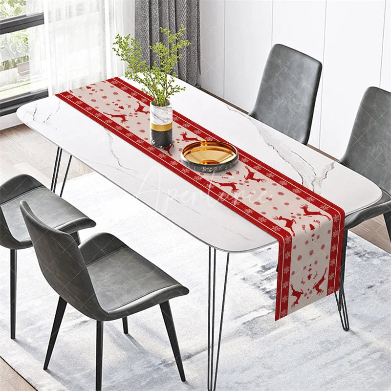 Aperturee - Aperturee Christmas Reindeer Table Runner Red with Beige Border Red Deer Silhouette Snowflake Holiday Table Decor