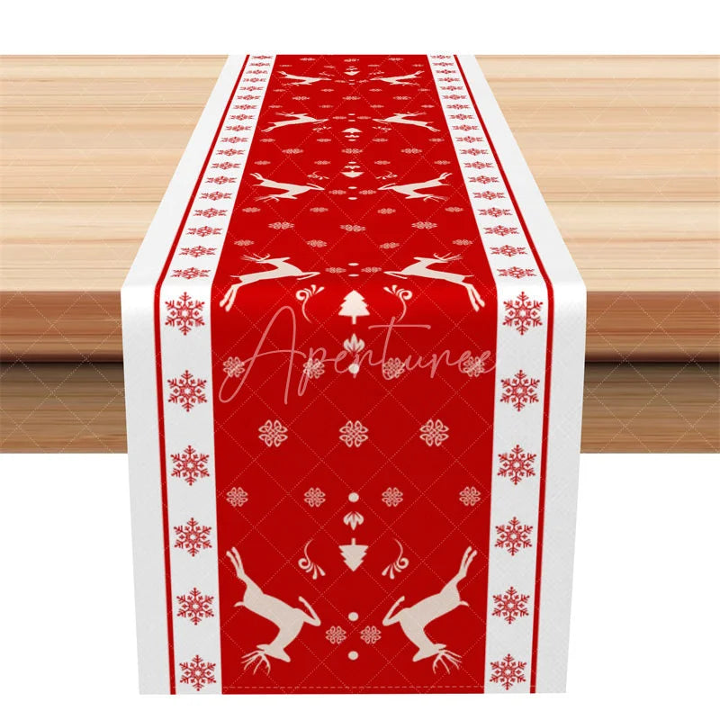 Aperturee - Aperturee Christmas Reindeer Table Runner Red with Snowflake Border Winter Holiday Farmhouse Table Decor