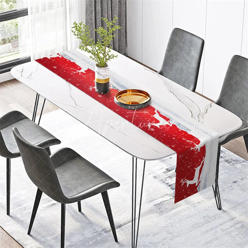 Aperturee - Aperturee Christmas Reindeer Table Runner Red with White Deer Silhouette Snowy Winter Holiday Table Decor