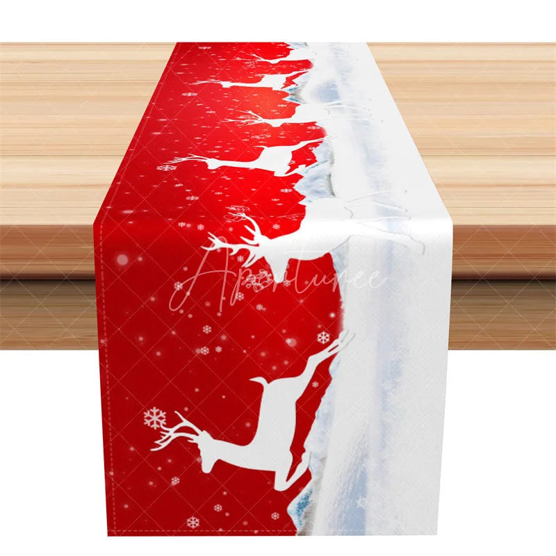 Aperturee - Aperturee Christmas Reindeer Table Runner Red with White Deer Silhouette Snowy Winter Holiday Table Decor