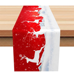 Aperturee - Aperturee Christmas Reindeer Table Runner Red with White Deer Silhouette Snowy Winter Holiday Table Decor
