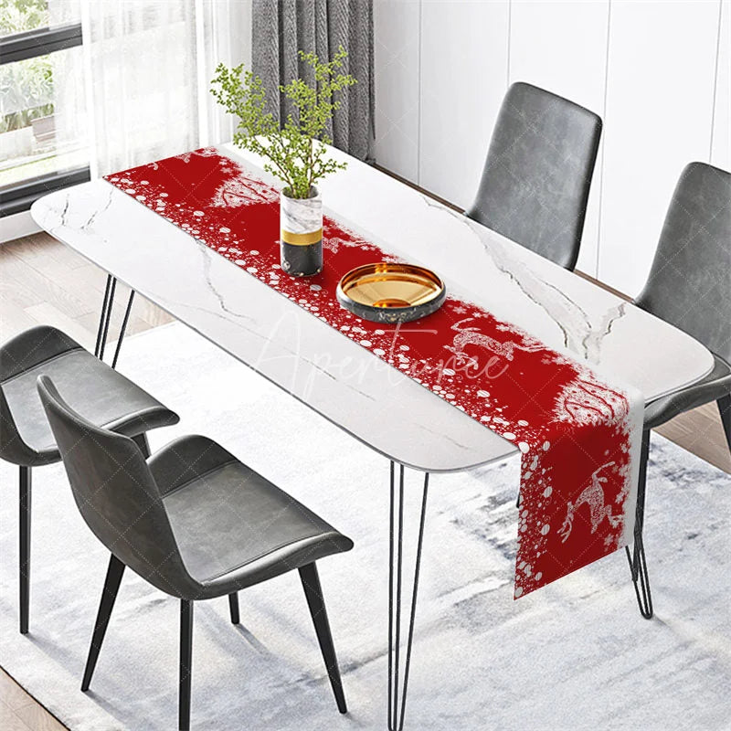 Aperturee - Aperturee Christmas Reindeer Table Runner Red with White Deer Silhouette Splatter Snowflake Holiday Table Decor