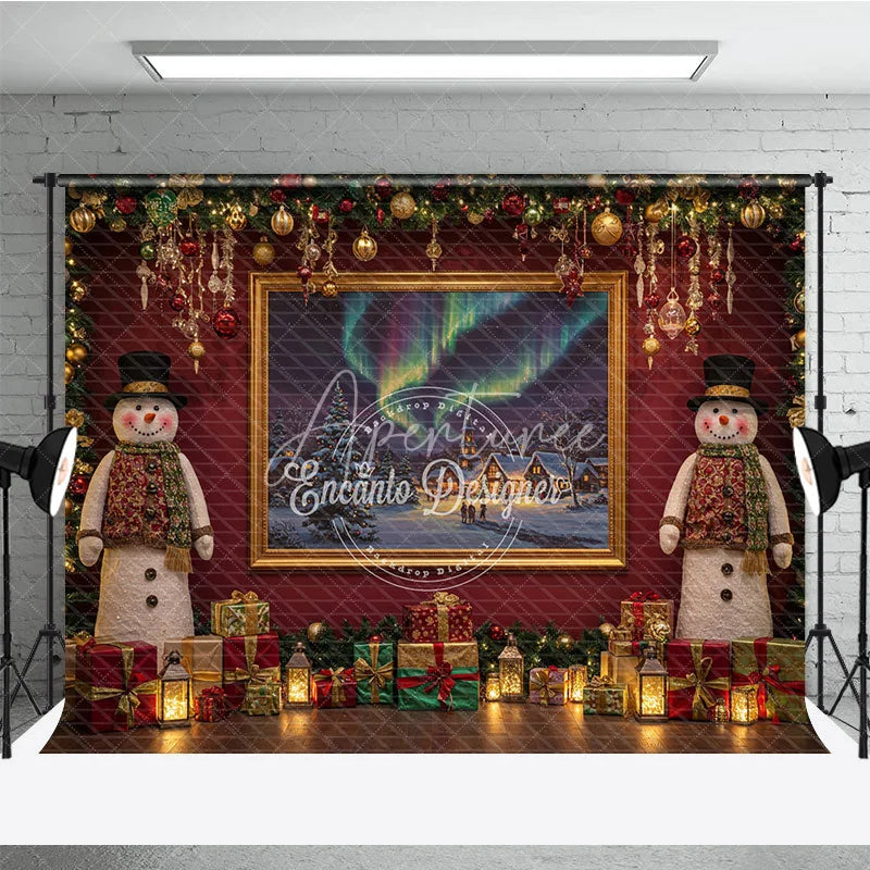 Aperturee - Aperturee Christmas Room Set Backdrop Aurora Borealis Window View Snowman and Fireplace Photo Props