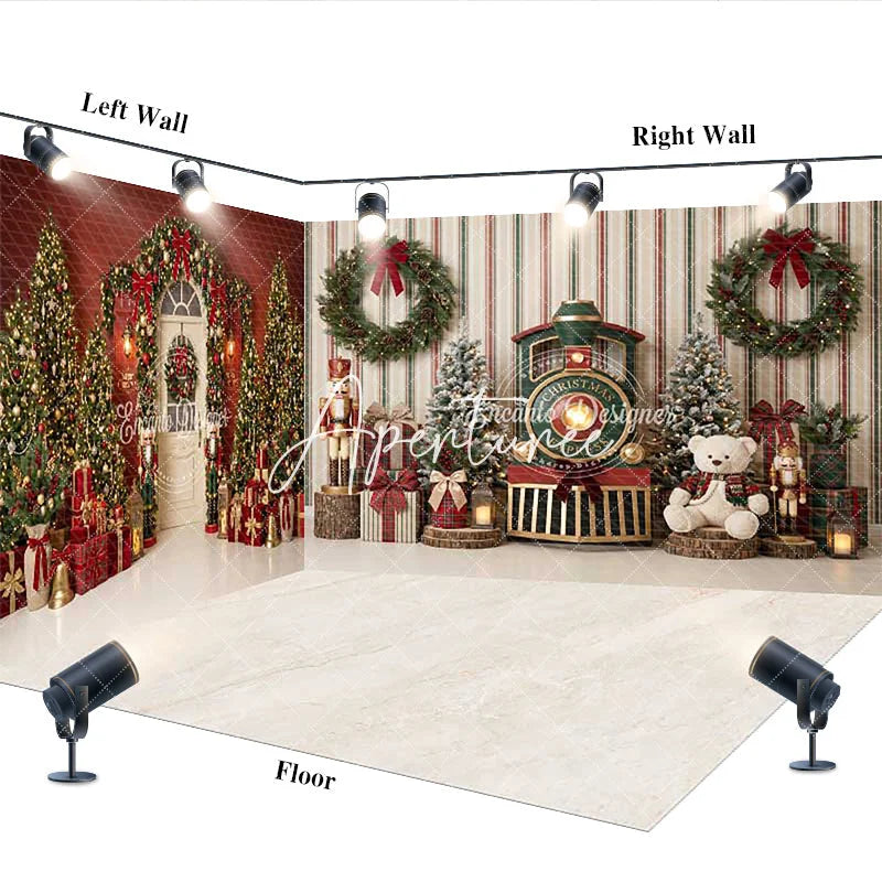 Aperturee - Aperturee Christmas Room Set Backdrop Festive Trees and Wreaths with Nutcrackers and Toy Train Holiday Party Decor