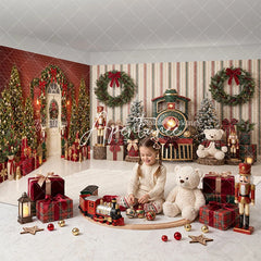 Aperturee - Aperturee Christmas Room Set Backdrop Festive Trees and Wreaths with Nutcrackers and Toy Train Holiday Party Decor