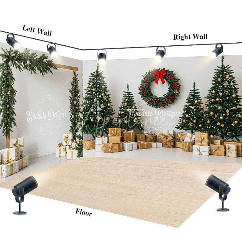 Aperturee - Aperturee Christmas Room Set Backdrop Gold Ornament Tree Gift Box Photography Background