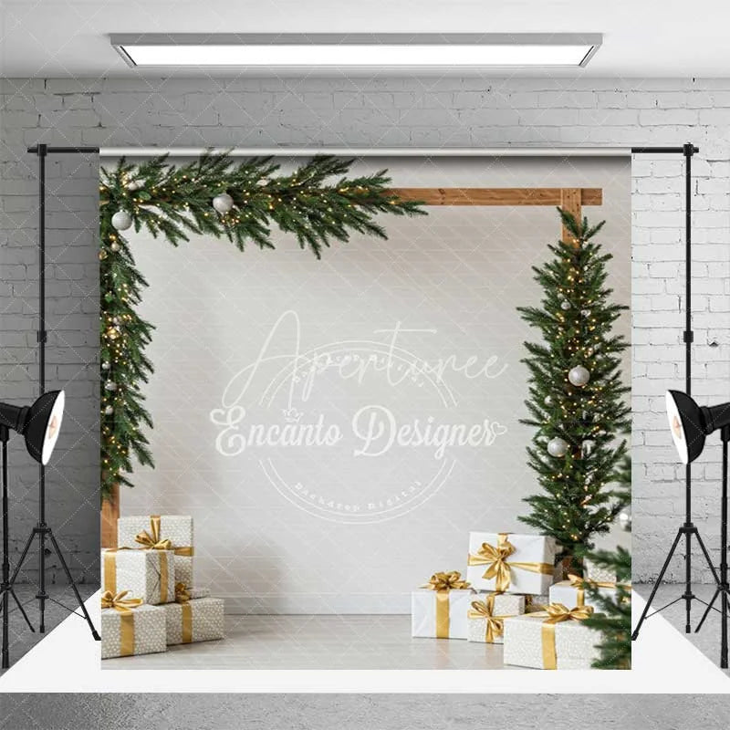 Aperturee - Aperturee Christmas Room Set Backdrop Gold Ornament Tree Gift Box Photography Background