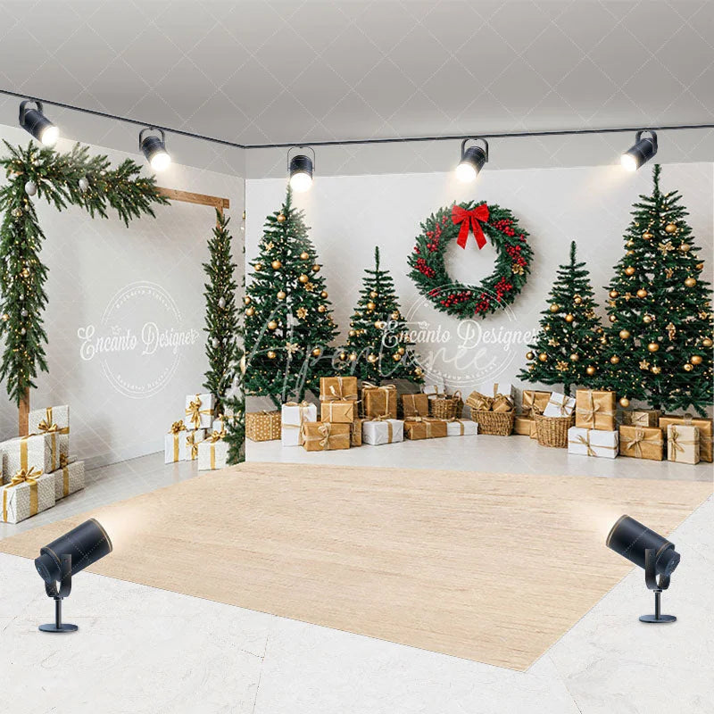 Aperturee - Aperturee Christmas Room Set Backdrop Gold Ornament Tree Gift Box Photography Background