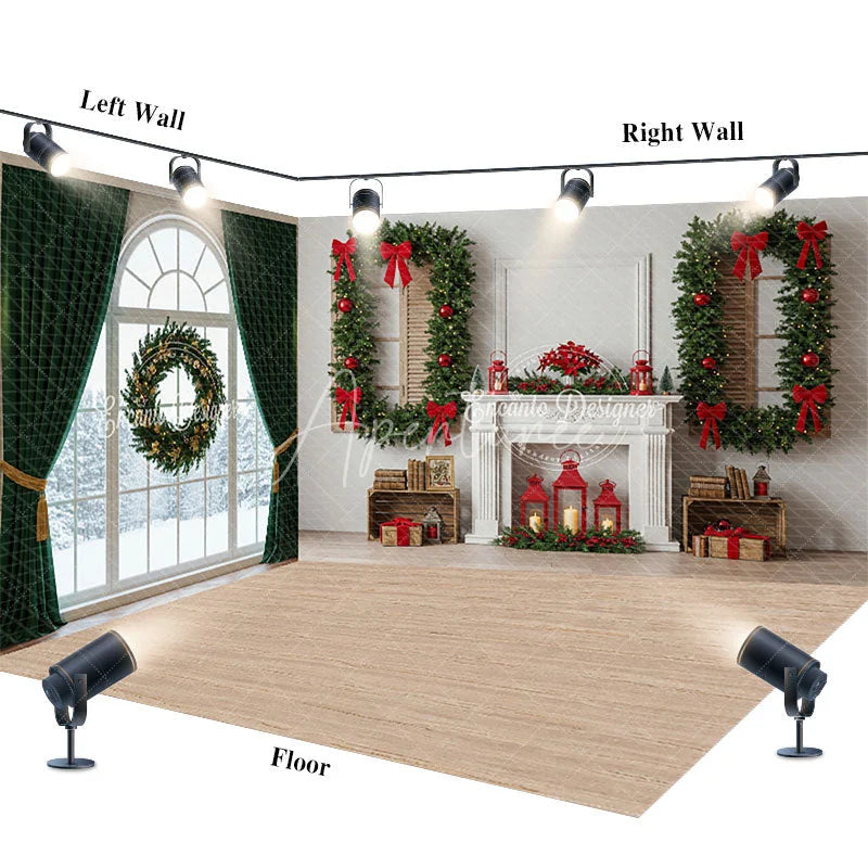 Aperturee - Aperturee Christmas Room Set Backdrop Interior Fireplace Green Curtain Window Photography Background