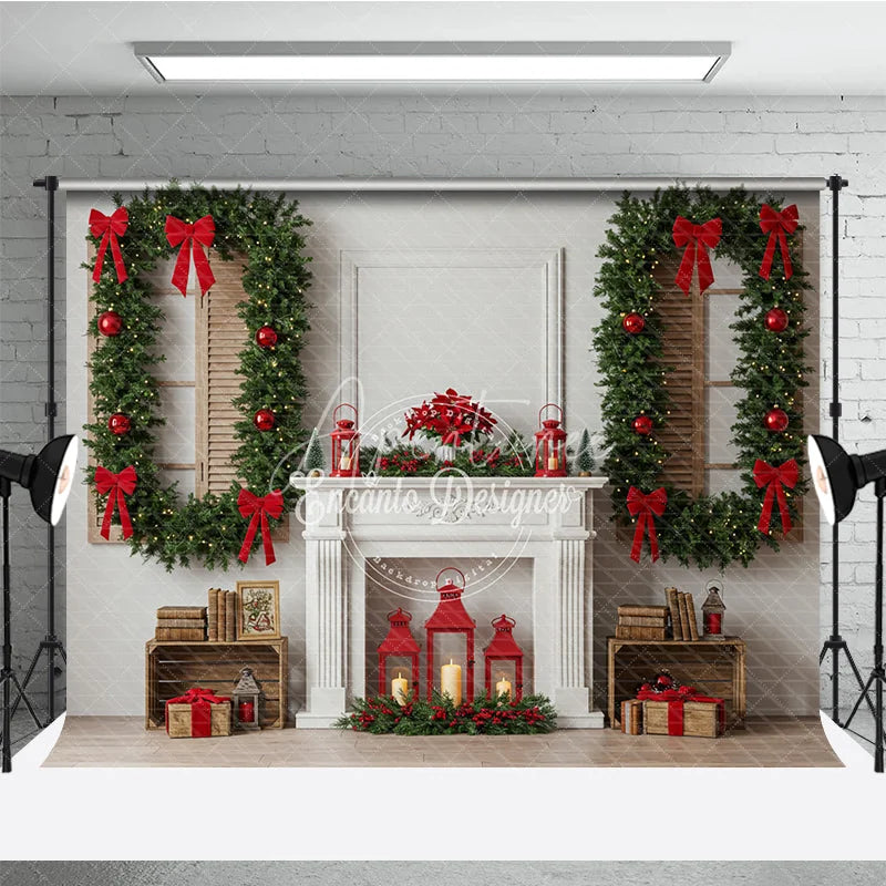 Aperturee - Aperturee Christmas Room Set Backdrop Interior Fireplace Green Curtain Window Photography Background