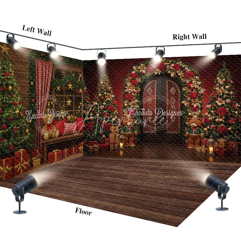 Aperturee - Aperturee Christmas Room Set Backdrop Red Wall Wood Floor with Xmas Trees Holiday Teddy Bear Photo Booth Props