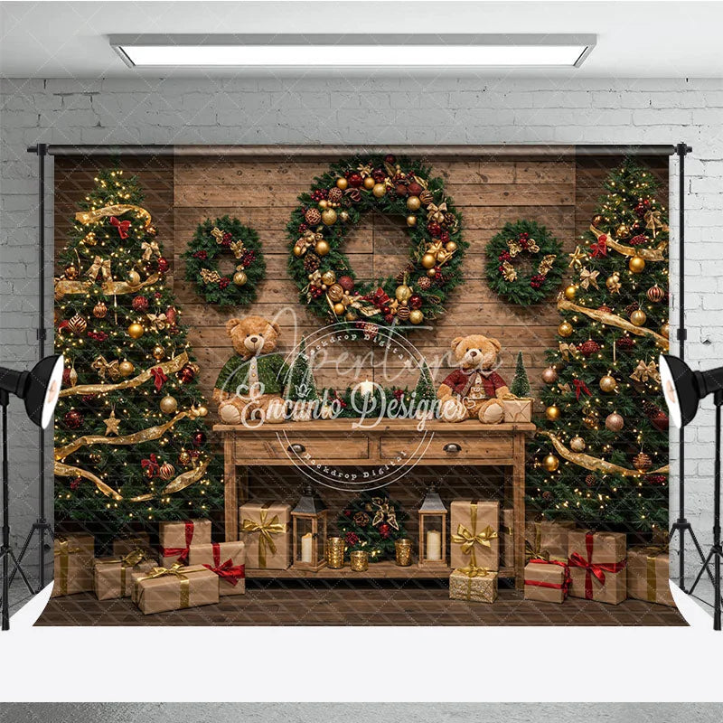 Aperturee - Aperturee Christmas Room Set Backdrop Rustic Wood Wall and Floor Xmas Tree Wreath with Hanging Gifts Photo Props