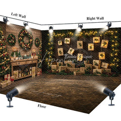 Aperturee - Aperturee Christmas Room Set Backdrop Rustic Wood Wall with Hanging Gifts Holiday Lights Photo Booth Props