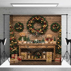Aperturee - Aperturee Christmas Room Set Backdrop Rustic Wood Wall with Hanging Gifts Holiday Lights Photo Booth Props