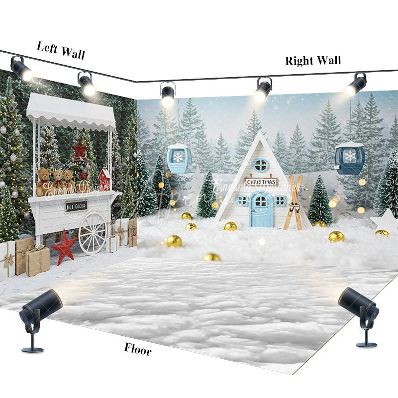 Aperturee - Aperturee Christmas Room Set Backdrop Winter Ski Lodge Hot Cocoa Stand Photography Background