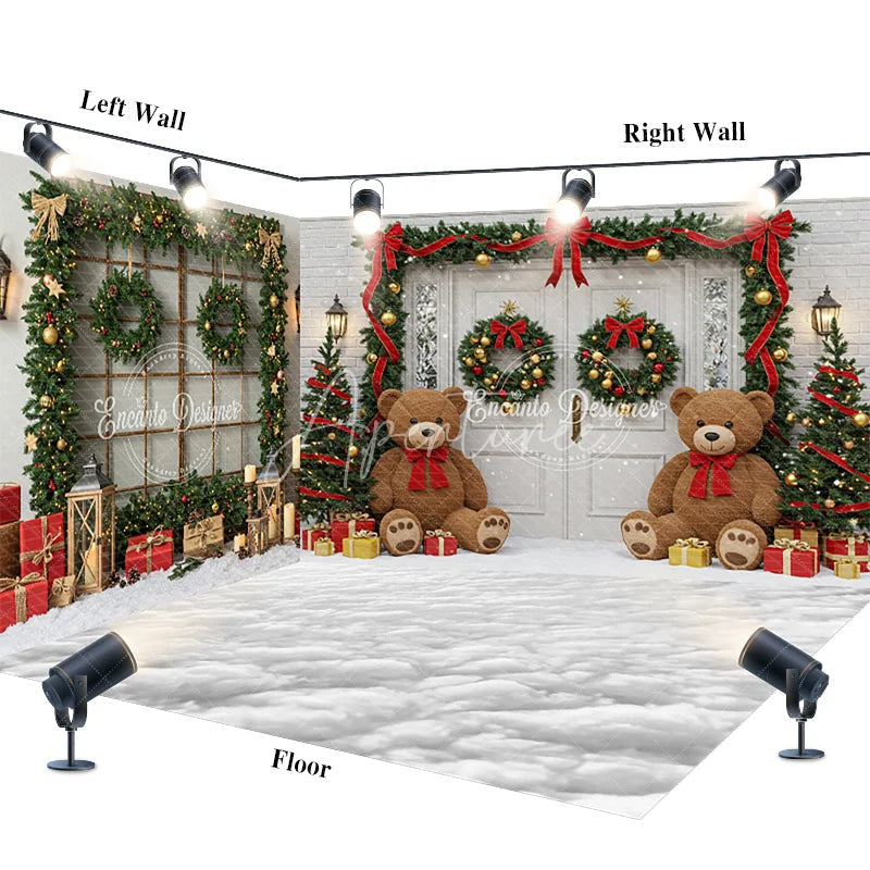 Aperturee - Aperturee Christmas Room Set Backdrop with Teddy Bears and Snow White Door with Garland Holiday Photo Studio