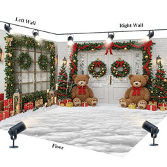 Aperturee - Aperturee Christmas Room Set Backdrop with Teddy Bears and Snow White Door with Garland Holiday Photo Studio