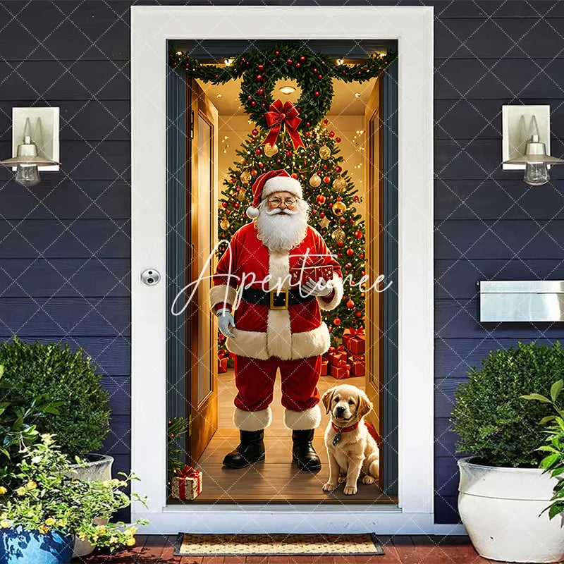 Aperturee - Aperturee Christmas Santa Claus and Golden Retriever Puppy Door Cover Festive Holiday Home Entrance Party Decoration