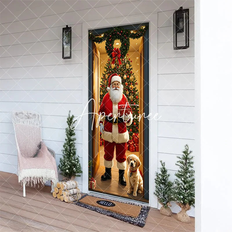 Aperturee - Aperturee Christmas Santa Claus and Golden Retriever Puppy Door Cover Festive Holiday Home Entrance Party Decoration
