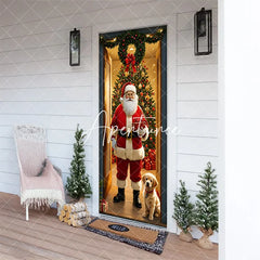 Aperturee - Aperturee Christmas Santa Claus and Golden Retriever Puppy Door Cover Festive Holiday Home Entrance Party Decoration
