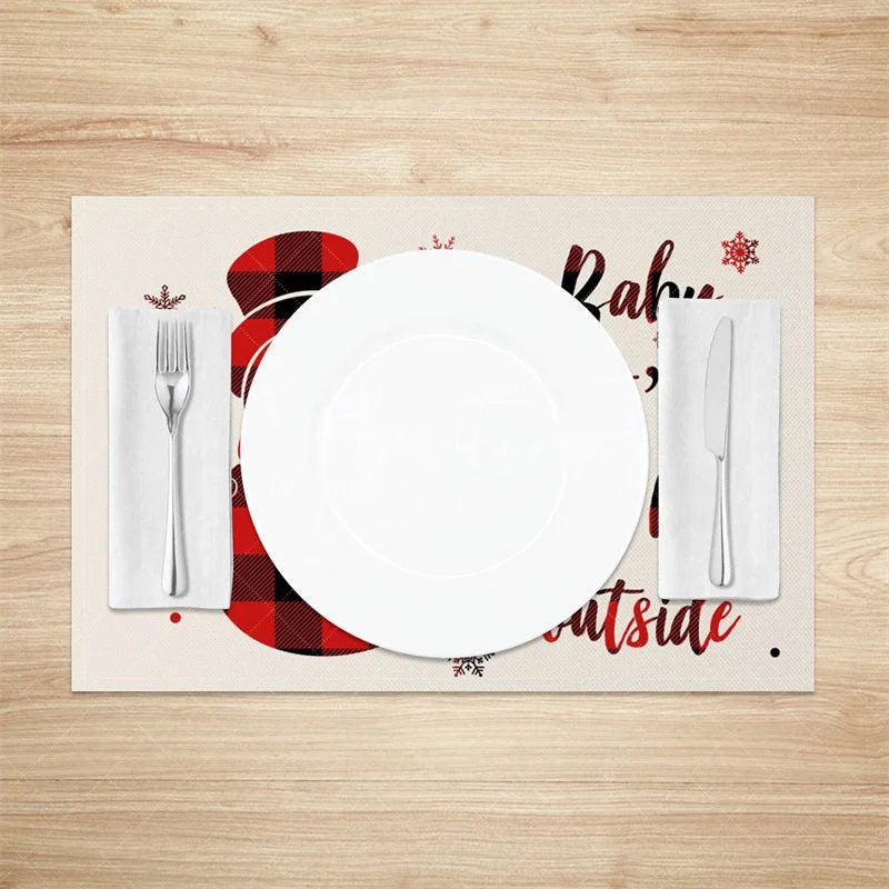 Aperturee - Aperturee Christmas Set of 4 Placemats Baby It’s Cold Outside Snowman Red Buffalo Plaid Check Table Mats