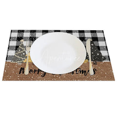 Aperturee - Aperturee Christmas Set of 4 Placemats Black and White Buffalo Plaid Gold Trees Farmhouse Table Mats Decor
