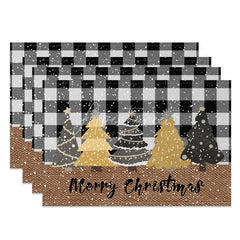 Aperturee - Aperturee Christmas Set of 4 Placemats Black and White Buffalo Plaid Gold Trees Farmhouse Table Mats Decor