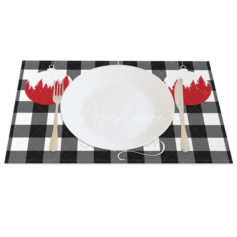 Aperturee - Aperturee Christmas Set of 4 Placemats Black and White Buffalo Plaid Red Ornaments Farmhouse Table Mats