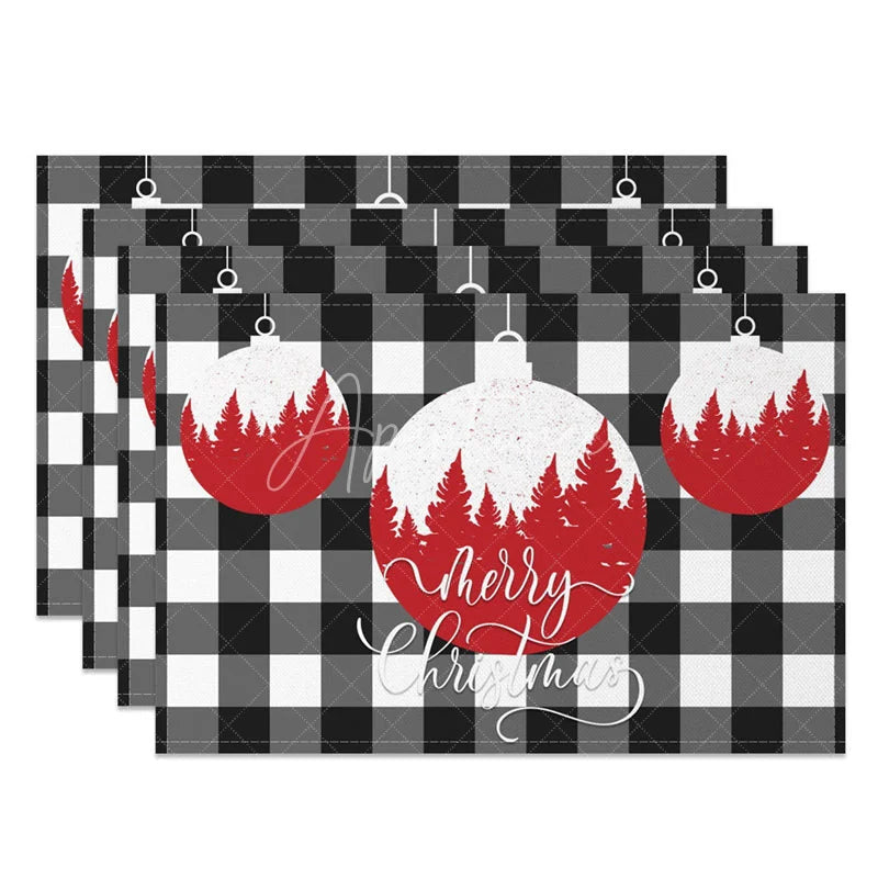 Aperturee - Aperturee Christmas Set of 4 Placemats Black and White Buffalo Plaid Red Ornaments Farmhouse Table Mats
