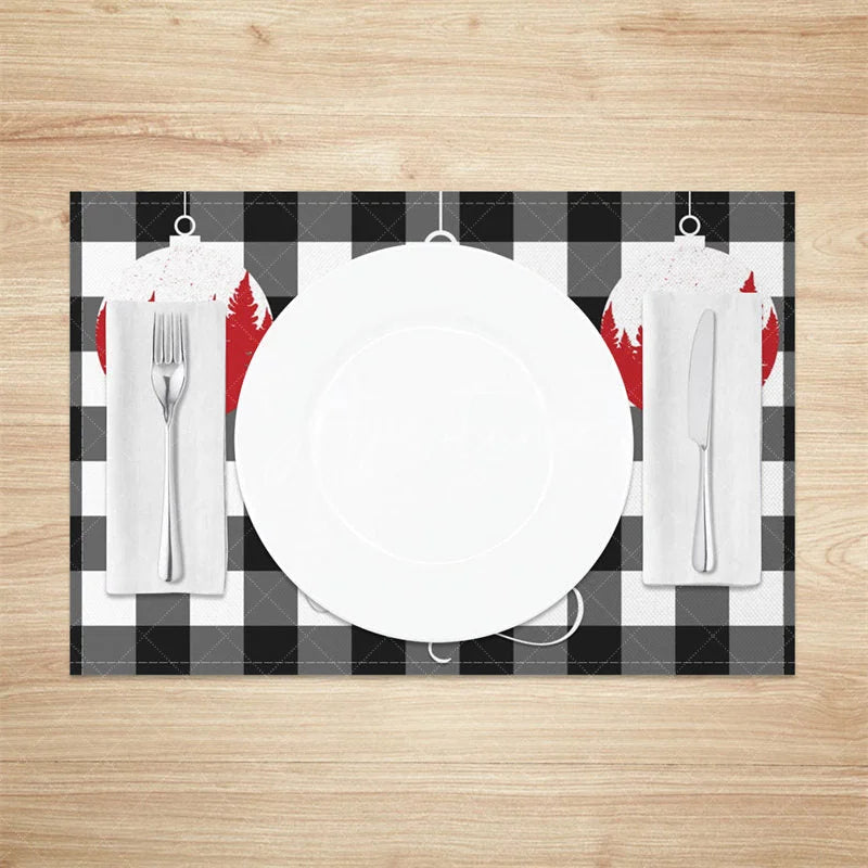 Aperturee - Aperturee Christmas Set of 4 Placemats Black and White Buffalo Plaid Red Ornaments Farmhouse Table Mats