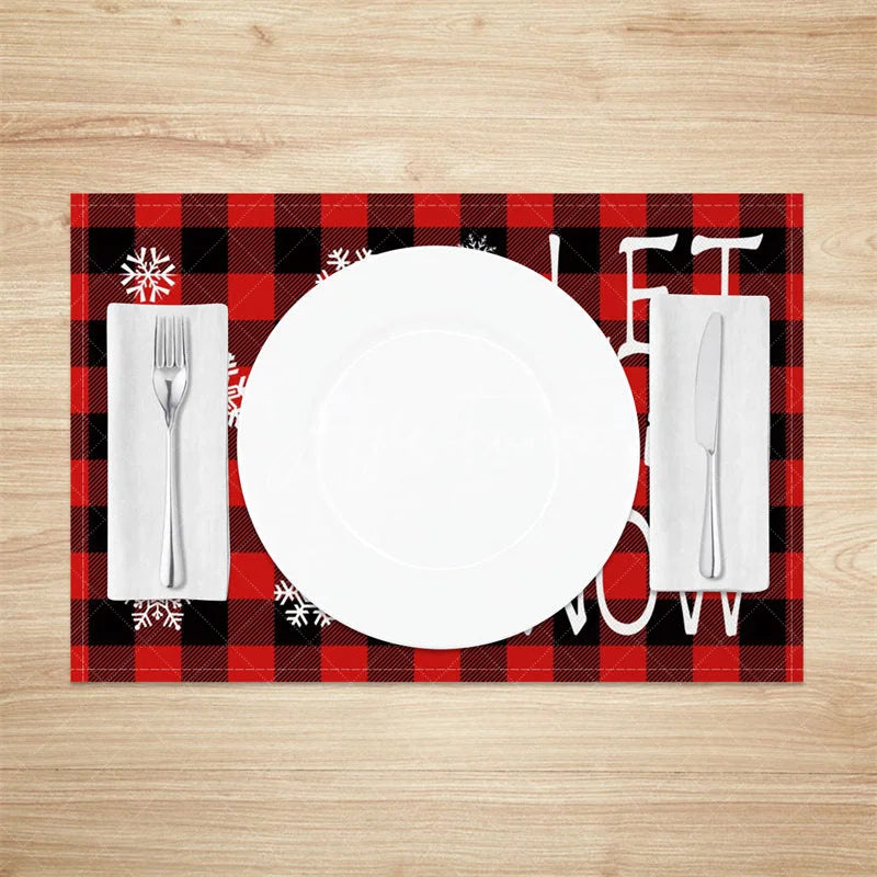 Aperturee - Aperturee Christmas Set of 4 Placemats Let It Snow Text Red Buffalo Plaid Check Farmhouse Table Mats