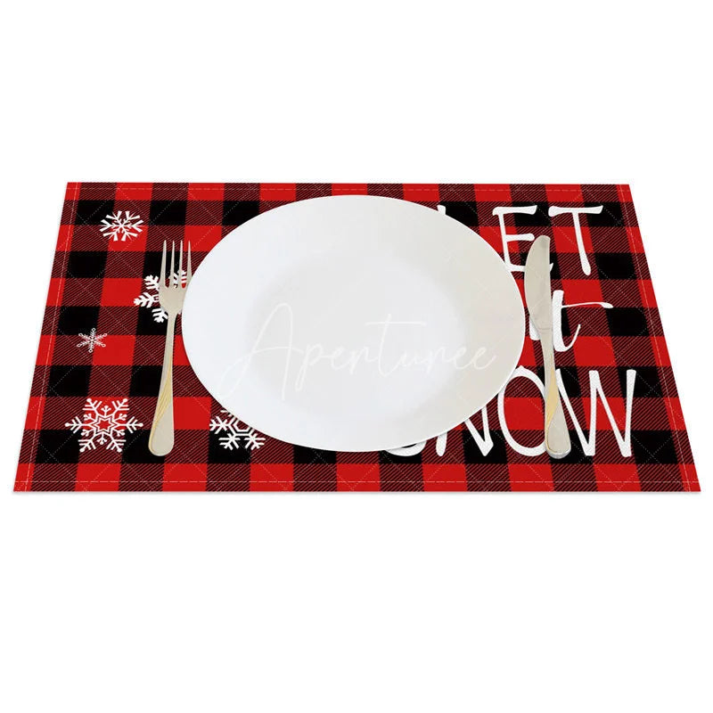 Aperturee - Aperturee Christmas Set of 4 Placemats Let It Snow Text Red Buffalo Plaid Check Farmhouse Table Mats
