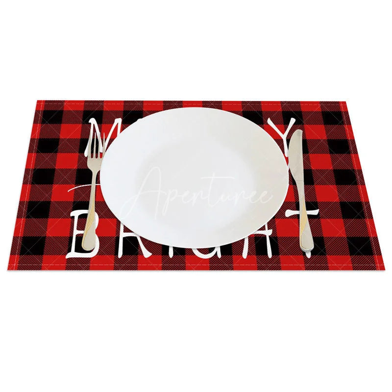 Aperturee - Aperturee Christmas Set of 4 Placemats Merry and Bright Text Red Buffalo Plaid Check Farmhouse Table Mats
