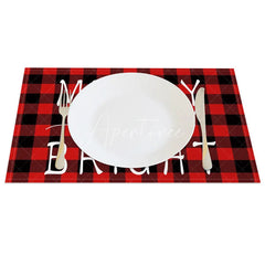 Aperturee - Aperturee Christmas Set of 4 Placemats Merry and Bright Text Red Buffalo Plaid Check Farmhouse Table Mats