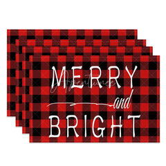 Aperturee - Aperturee Christmas Set of 4 Placemats Merry and Bright Text Red Buffalo Plaid Check Farmhouse Table Mats