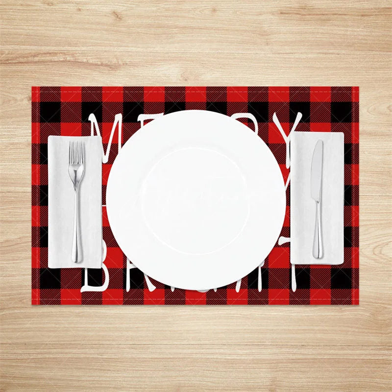 Aperturee - Aperturee Christmas Set of 4 Placemats Merry and Bright Text Red Buffalo Plaid Check Farmhouse Table Mats