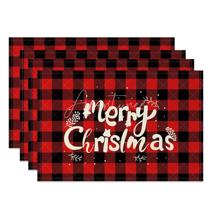 Aperturee - Aperturee Christmas Set of 4 Placemats Red Buffalo Plaid Check Merry Christmas Text Farmhouse Table Mats
