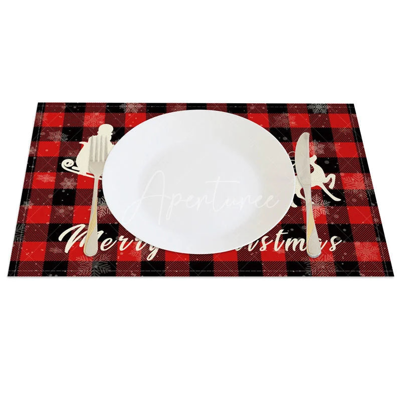 Aperturee - Aperturee Christmas Set of 4 Placemats Red Buffalo Plaid with Santa Sleigh Reindeer Silhouette Holiday Table Mats