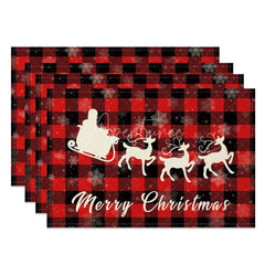 Aperturee - Aperturee Christmas Set of 4 Placemats Red Buffalo Plaid with Santa Sleigh Reindeer Silhouette Holiday Table Mats