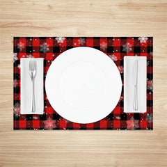Aperturee - Aperturee Christmas Set of 4 Placemats Red Buffalo Plaid with Snowflakes Rustic Farmhouse Winter Table Mats