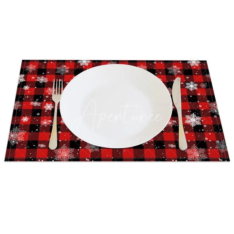 Aperturee - Aperturee Christmas Set of 4 Placemats Red Buffalo Plaid with Snowflakes Rustic Farmhouse Winter Table Mats