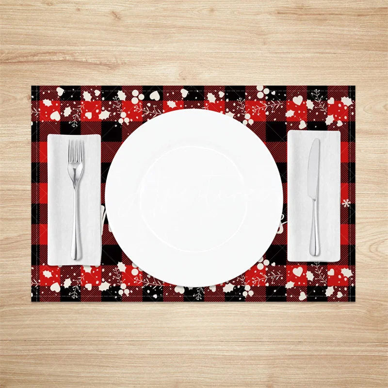 Aperturee - Aperturee Christmas Set of 4 Placemats Red Buffalo Plaid with White Tree Merry Christmas Farmhouse Table Mats
