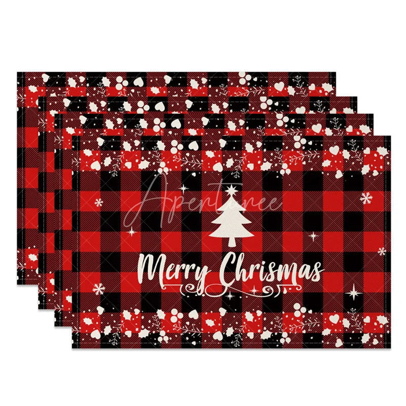 Aperturee - Aperturee Christmas Set of 4 Placemats Red Buffalo Plaid with White Tree Merry Christmas Farmhouse Table Mats