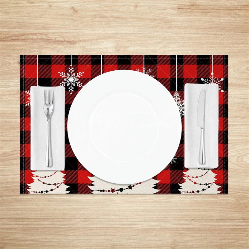 Aperturee - Aperturee Christmas Set of 4 Placemats Red Buffalo Plaid with White Trees Hanging Snowflakes Holiday Table Mats